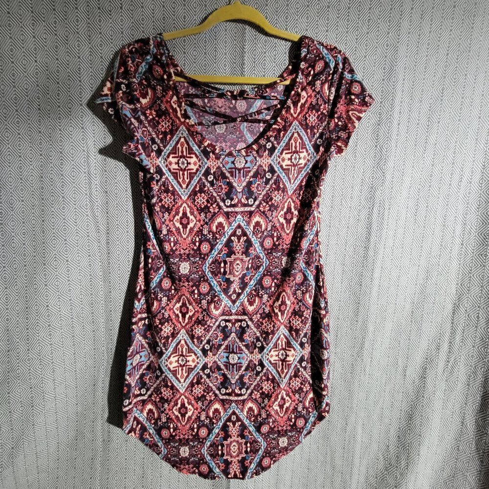 No Boundaries Maroon Multicolored Aztec Design Midi Form Fitting Dress Size Larg